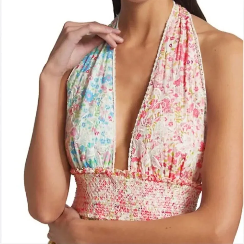 Love Shack Fancy Cambria Colorblock Tiered Halter Mini Dress Size XXL NEW